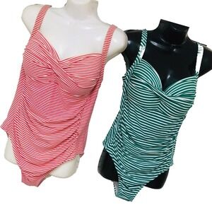Lot of 2 Nip Tuck Swimsuits Women 10 Striped Green Orange Shelf Bra Beach Pool‎